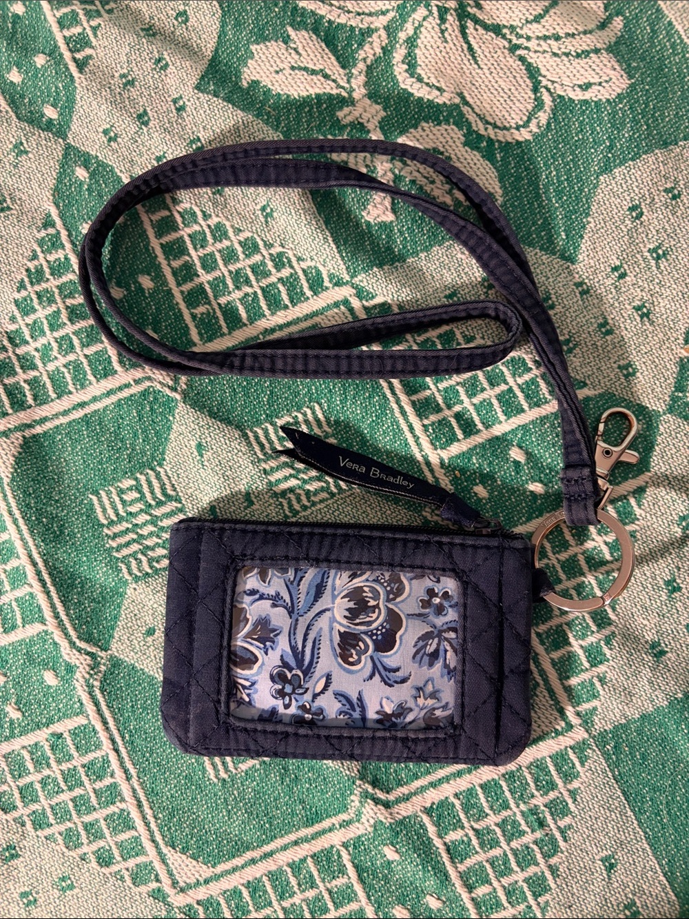 Vera Bradley Navy Quilted Wristlet ID Holder with Blue Floral Insert